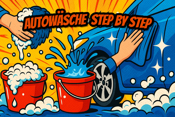 Comic-Illustration: Autowäsche mit 2-Eimer-Methode, Schaum und Auto im Hintergrund.