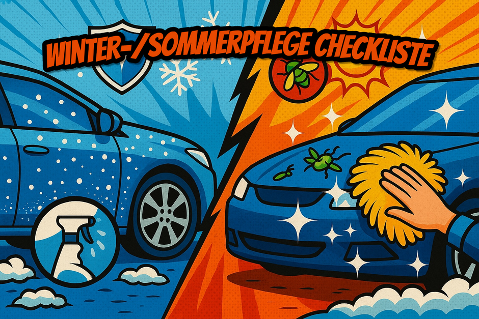 Comic-Illustration einer Winter- und Sommerpflege-Checkliste für Autos: linke Seite zeigt Schnee, Salz und Felgenreinigung im Winter, rechte Seite Sonne, Insektenentfernung und Lackschutz im Sommer – Autopflege im Comic-Stil.