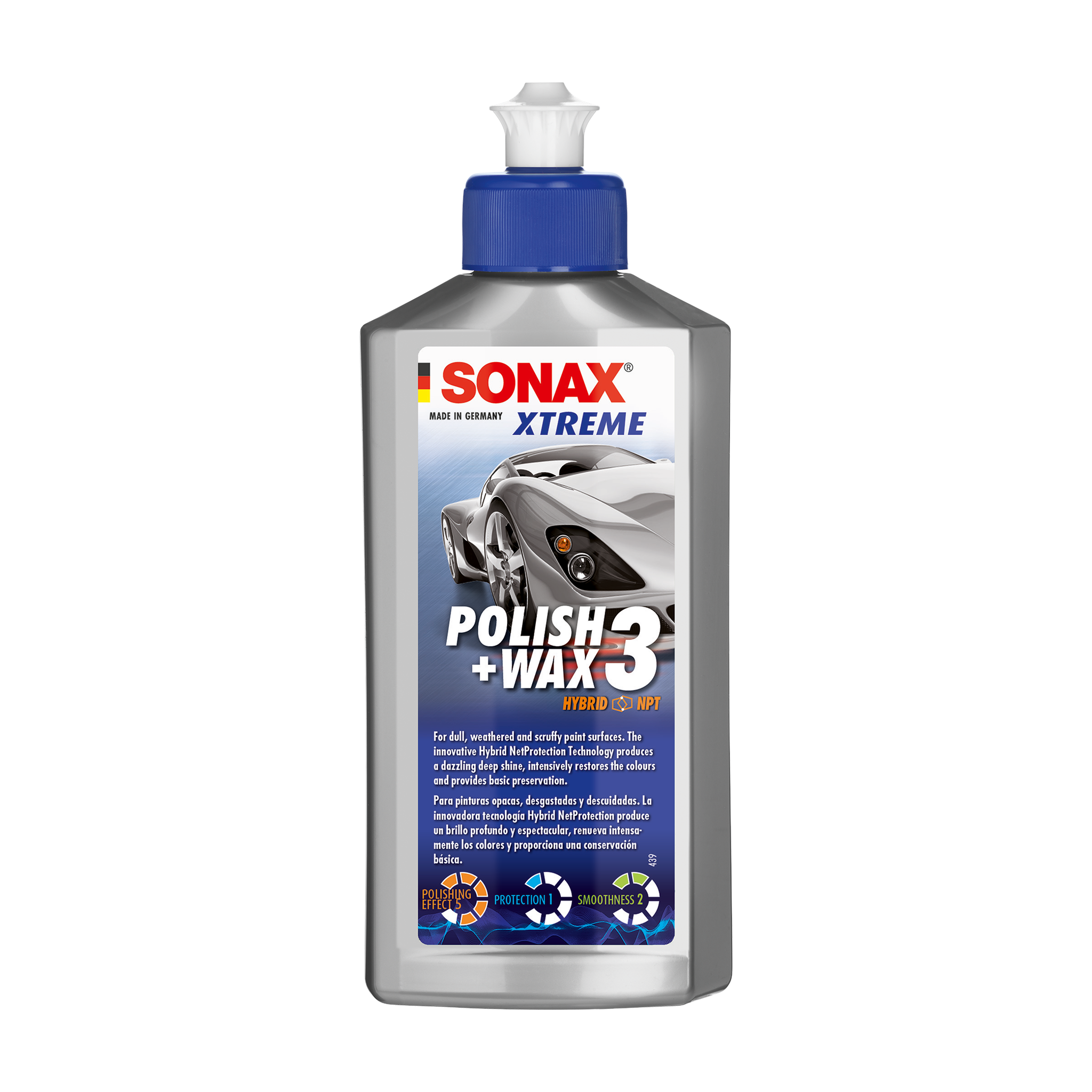 500ml Flasche des SONAX XTREME Polish+Wax 3, ideal zur Politur und Versiegelung von stark verwitterten und verkratzten Lacken.