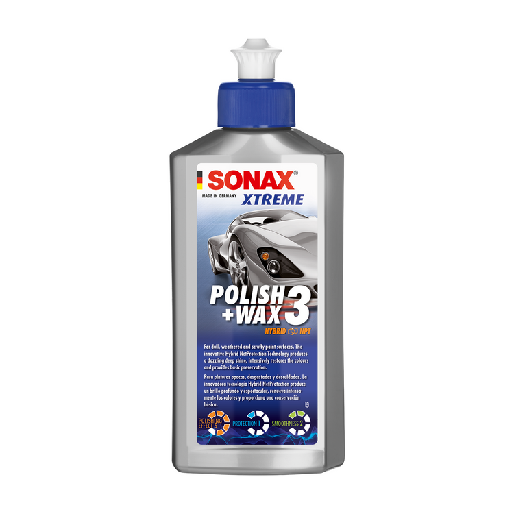 500ml Flasche des SONAX XTREME Polish+Wax 3, ideal zur Politur und Versiegelung von stark verwitterten und verkratzten Lacken.