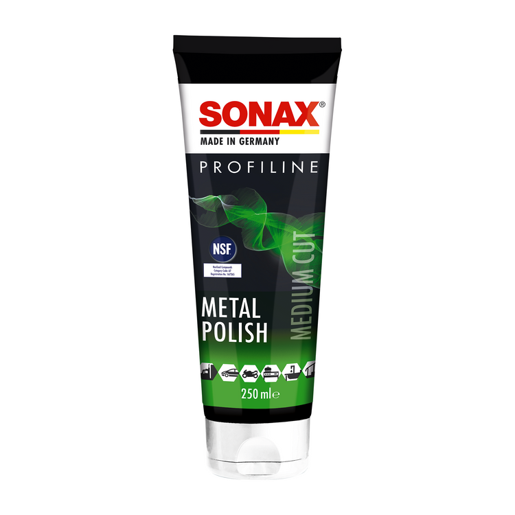 250ml Flasche der SONAX Profiline MetalPolish, ideal zur Reinigung und Politur von Aluminium, Chrom und Edelstahl.