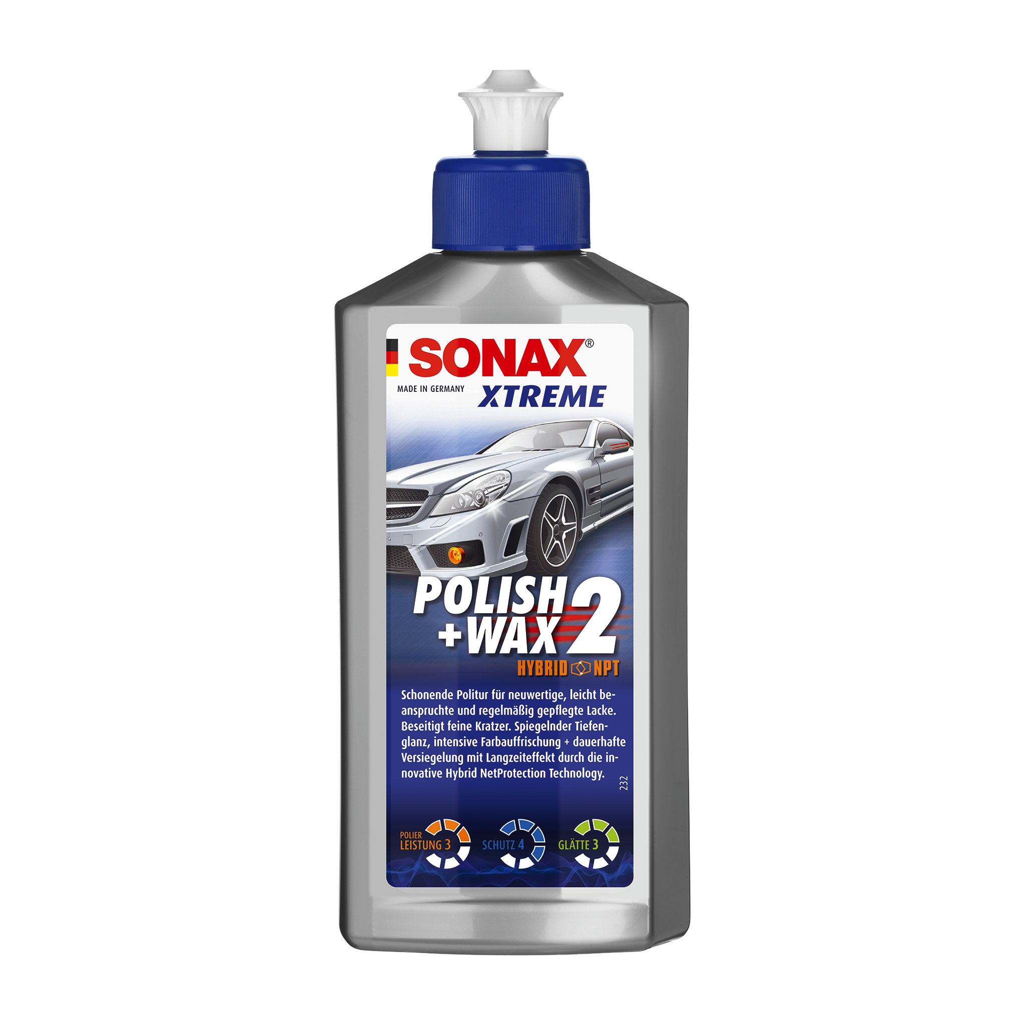 500ml Flasche des SONAX XTREME Polish+Wax 2, ideal zur Politur und Versiegelung von gebrauchten und leicht verwitterten Lacken.