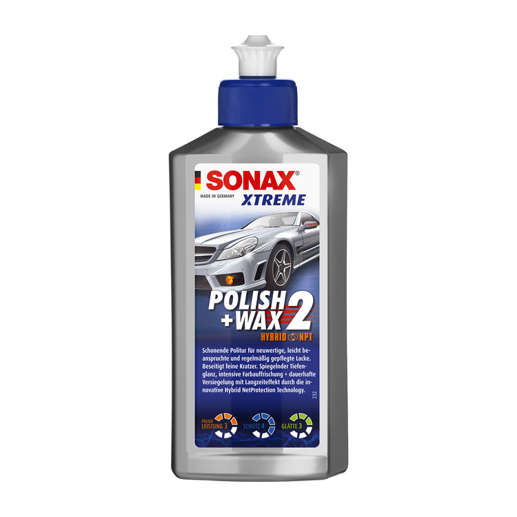 500ml Flasche des SONAX XTREME Polish+Wax 2, ideal zur Politur und Versiegelung von gebrauchten und leicht verwitterten Lacken.