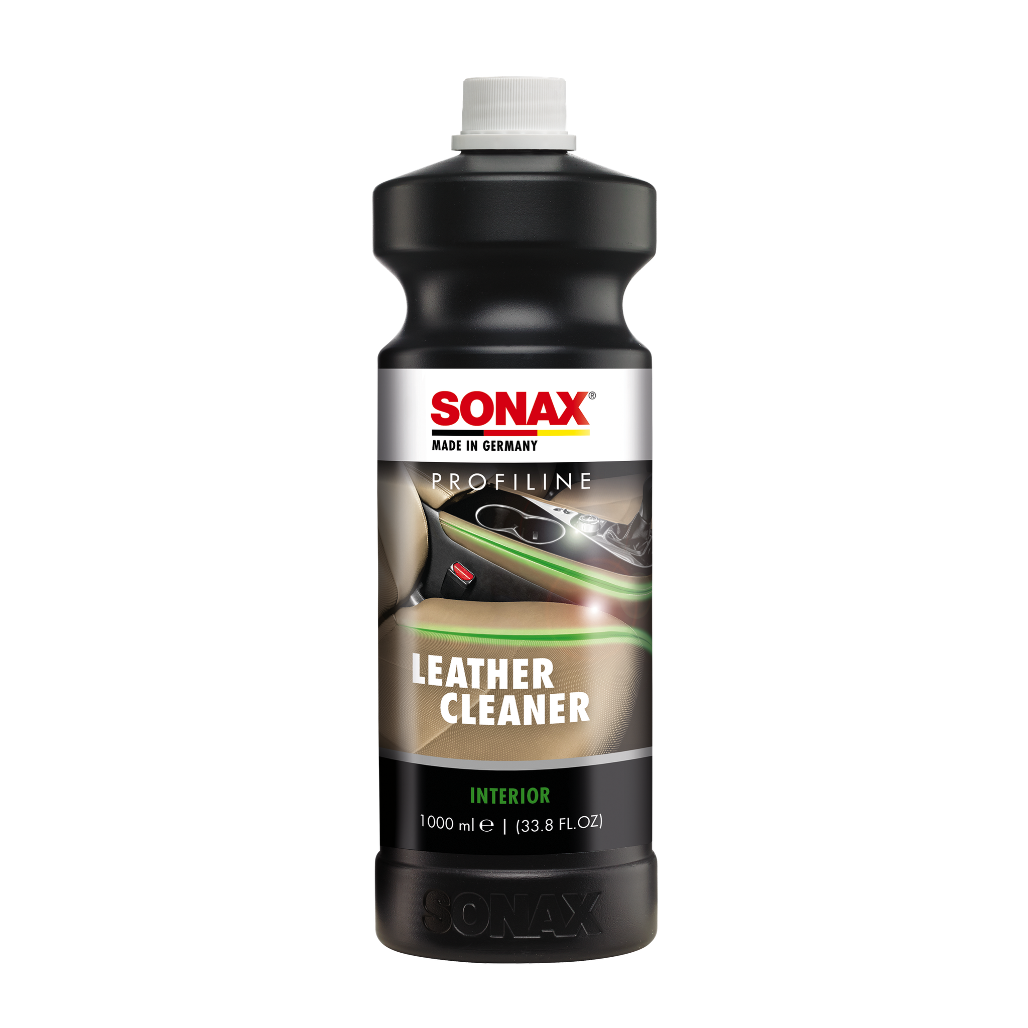 1L Flasche des SONAX Profiline LeatherCleaner, ideal zur Reinigung und Pflege von Glattlederoberflächen im Fahrzeug.