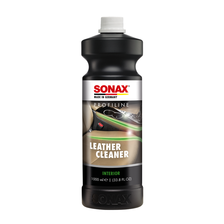 1L Flasche des SONAX Profiline LeatherCleaner, ideal zur Reinigung und Pflege von Glattlederoberflächen im Fahrzeug.