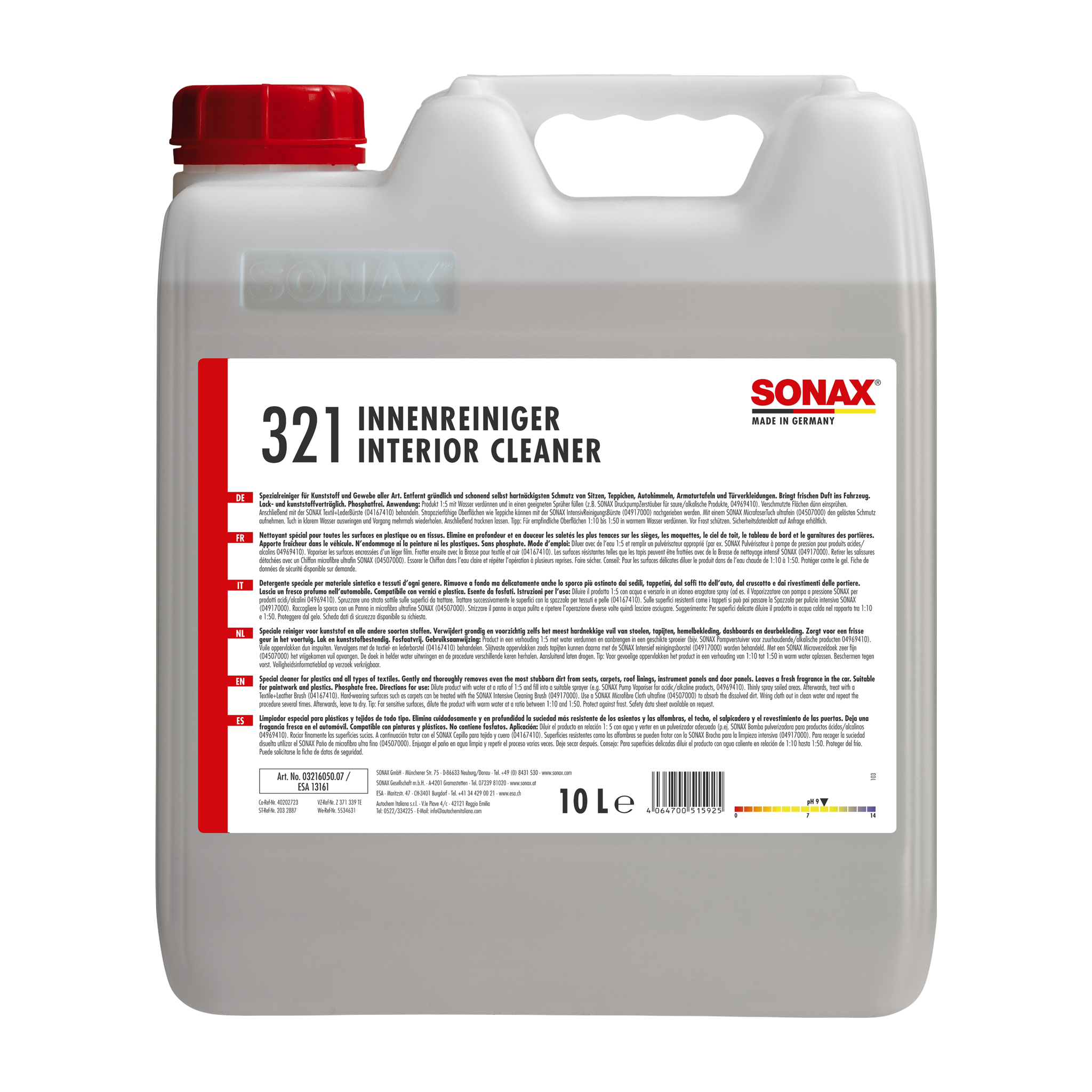 10L Kanister des SONAX InnenReiniger, ideal für die gründliche Reinigung von Polstern, Kunststoff, Vinyl und Textilien im Fahrzeuginnenraum.