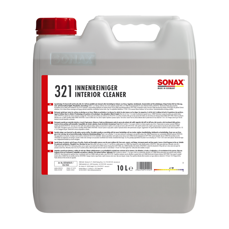 10L Kanister des SONAX InnenReiniger, ideal für die gründliche Reinigung von Polstern, Kunststoff, Vinyl und Textilien im Fahrzeuginnenraum.