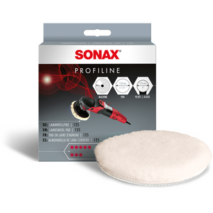 SONAX LammwollPad 133mm, ideal für die schonende Entfernung von Polierspuren und Hologrammen auf Lackoberflächen.