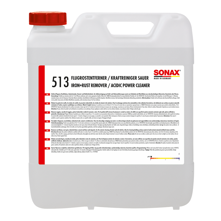 10L Kanister des SONAX FlugrostEntferner Spezial, ideal zur Entfernung von Flugrost und Industriestaub auf lackierten Oberflächen, Glas und Chrom.