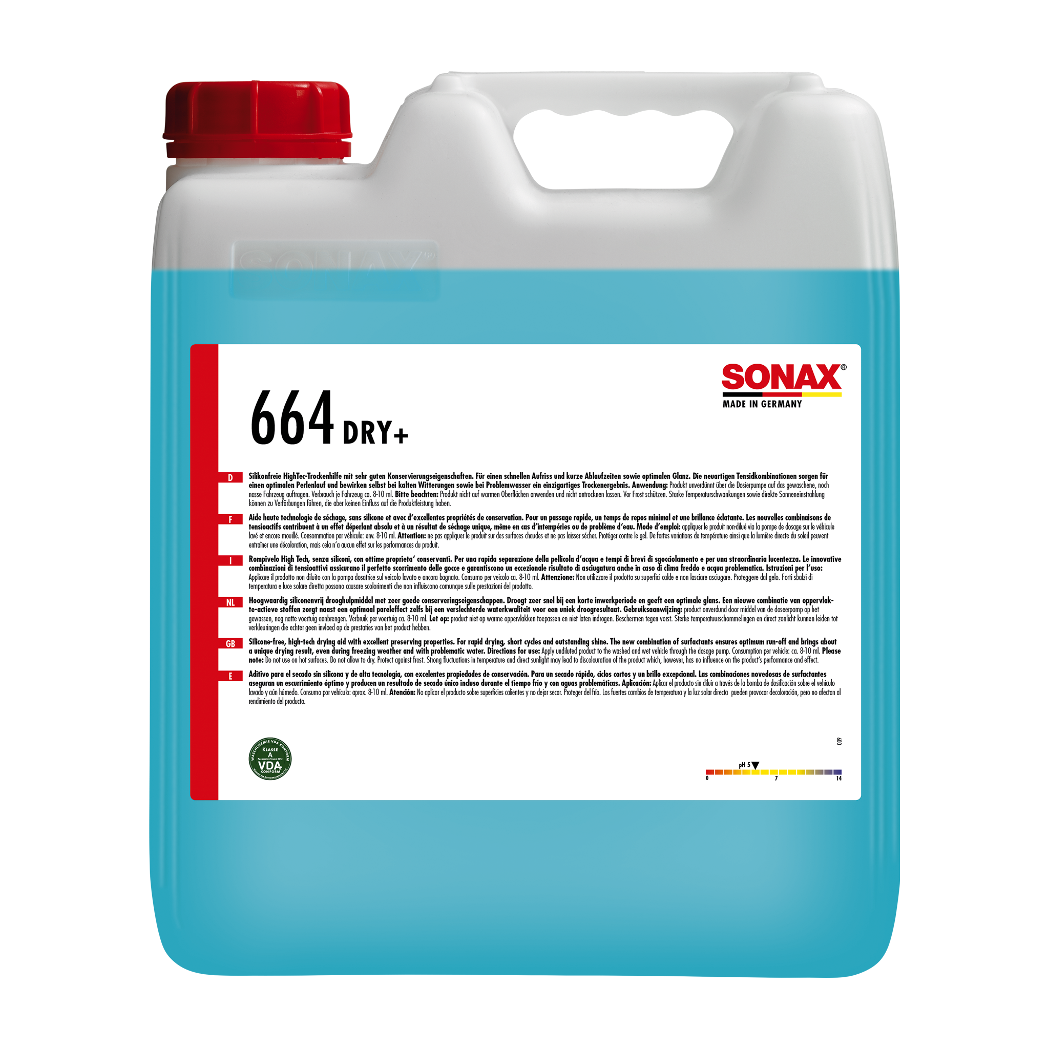 SONAX Dry+ 10 L – Silikonfreier Hochleistungstrockner mit starkem Abperleffekt und Tiefenglanz für gewerbliche Fahrzeugwäschen.