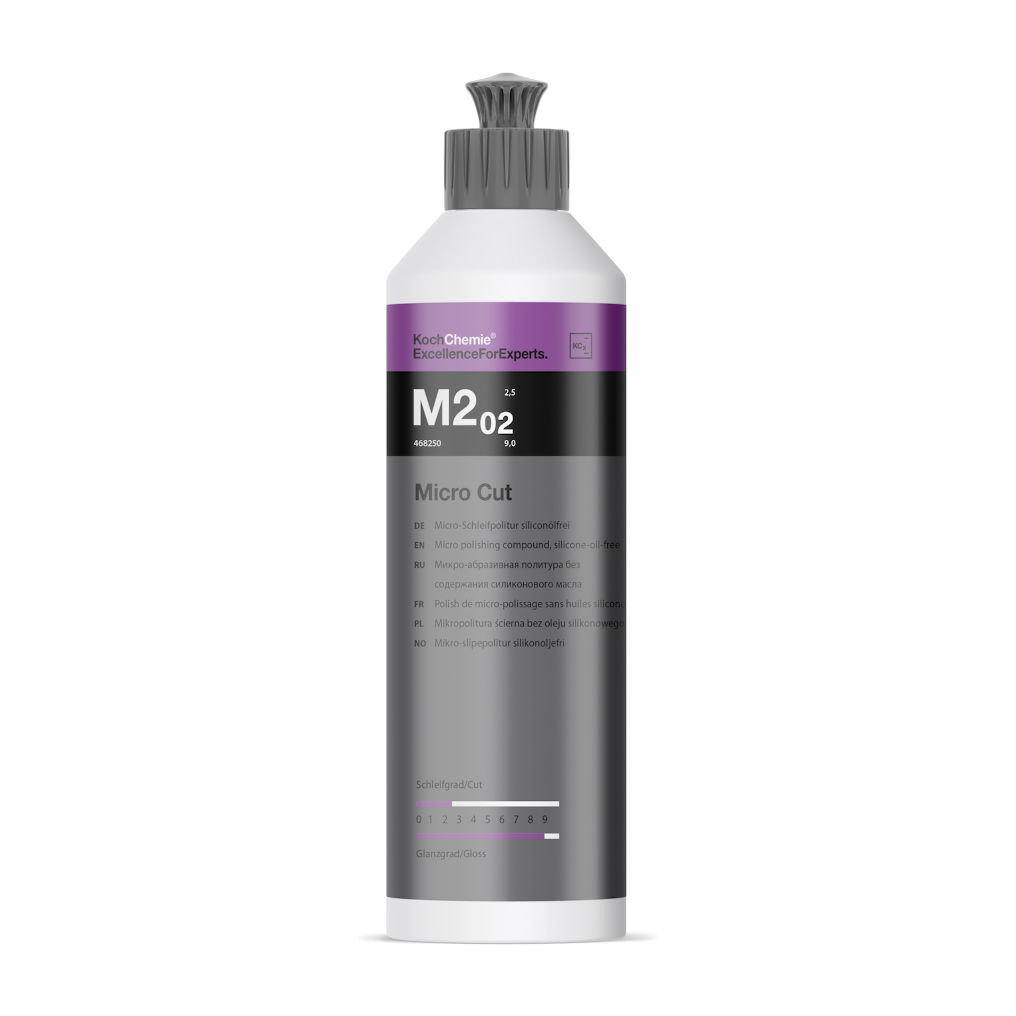 0,25L Flasche der Koch-Chemie Micro Cut M2.02 Politur, ideal zur Entfernung von Polierschleiern und Hologrammen für ein brillantes Hochglanzfinish.