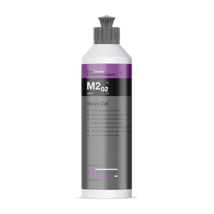 0,25L Flasche der Koch-Chemie Micro Cut M2.02 Politur, ideal zur Entfernung von Polierschleiern und Hologrammen für ein brillantes Hochglanzfinish.