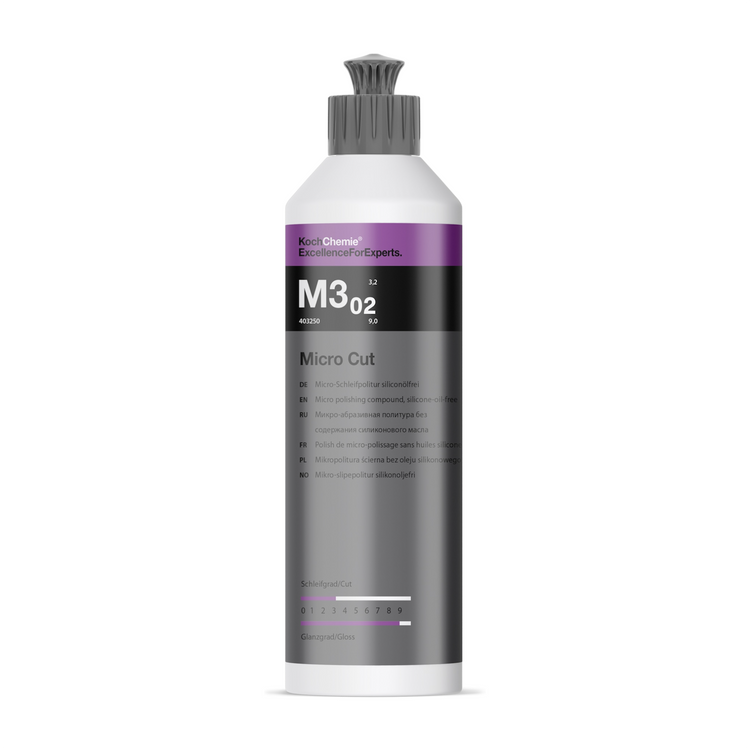 0,25L Flasche der Koch-Chemie Micro Cut M3.02 Politur, ideal zur Entfernung von Polierschleiern und Hologrammen für ein brillantes Hochglanzfinish.