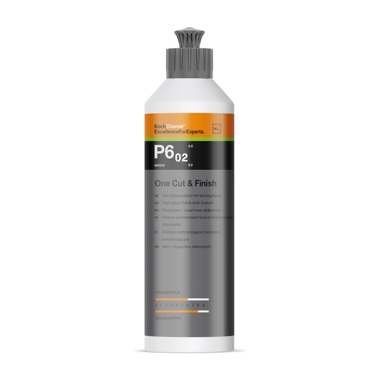 0,25L Flasche der Koch-Chemie One Cut & Finish P6.02 Politur, ideal zur gleichzeitigen Entfernung von Polierschleiern und Versiegelung.