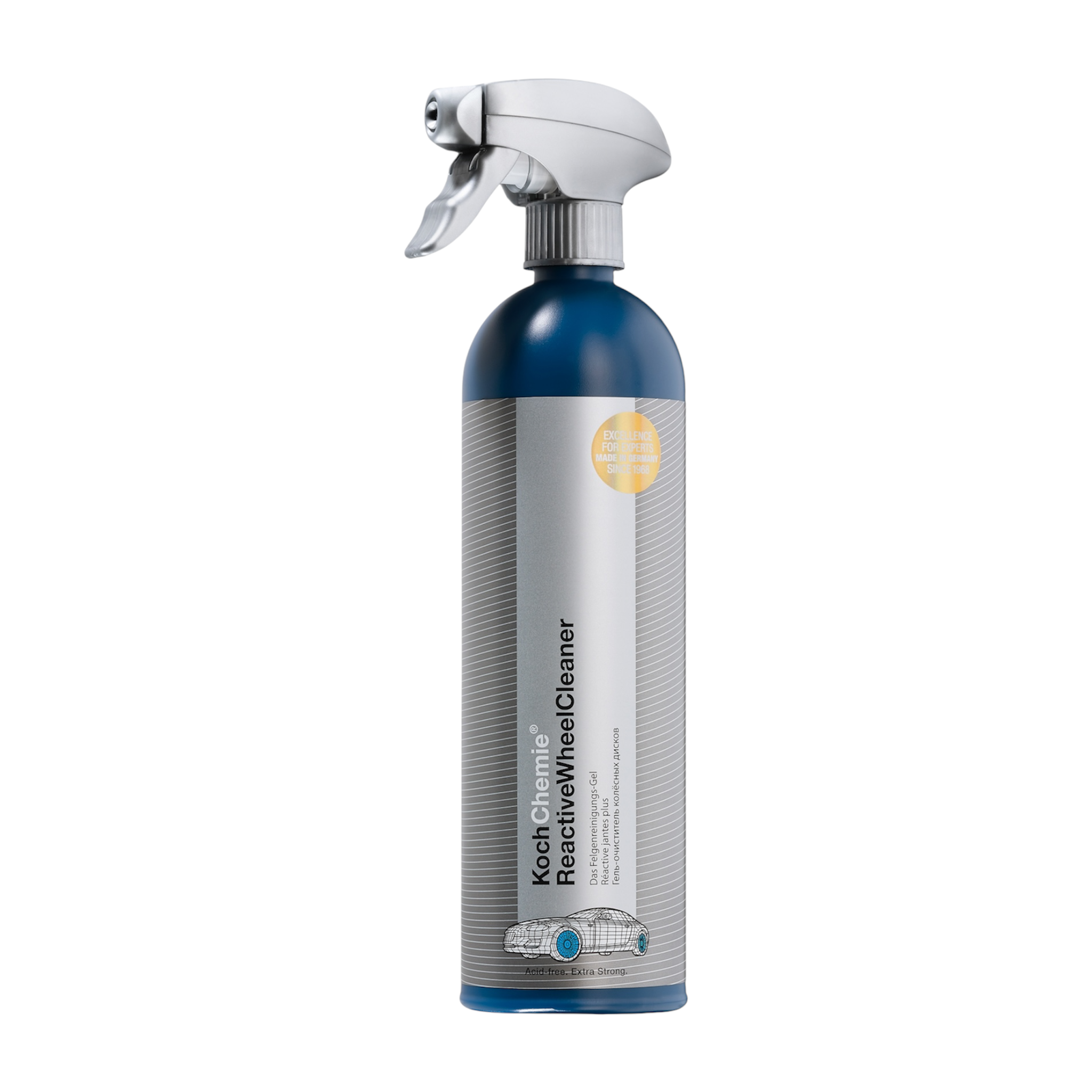 0,75L Flasche des Koch-Chemie ReactiveWheelCleaner, ideal zur säurefreien und gründlichen Reinigung von hochwertigen Felgen.