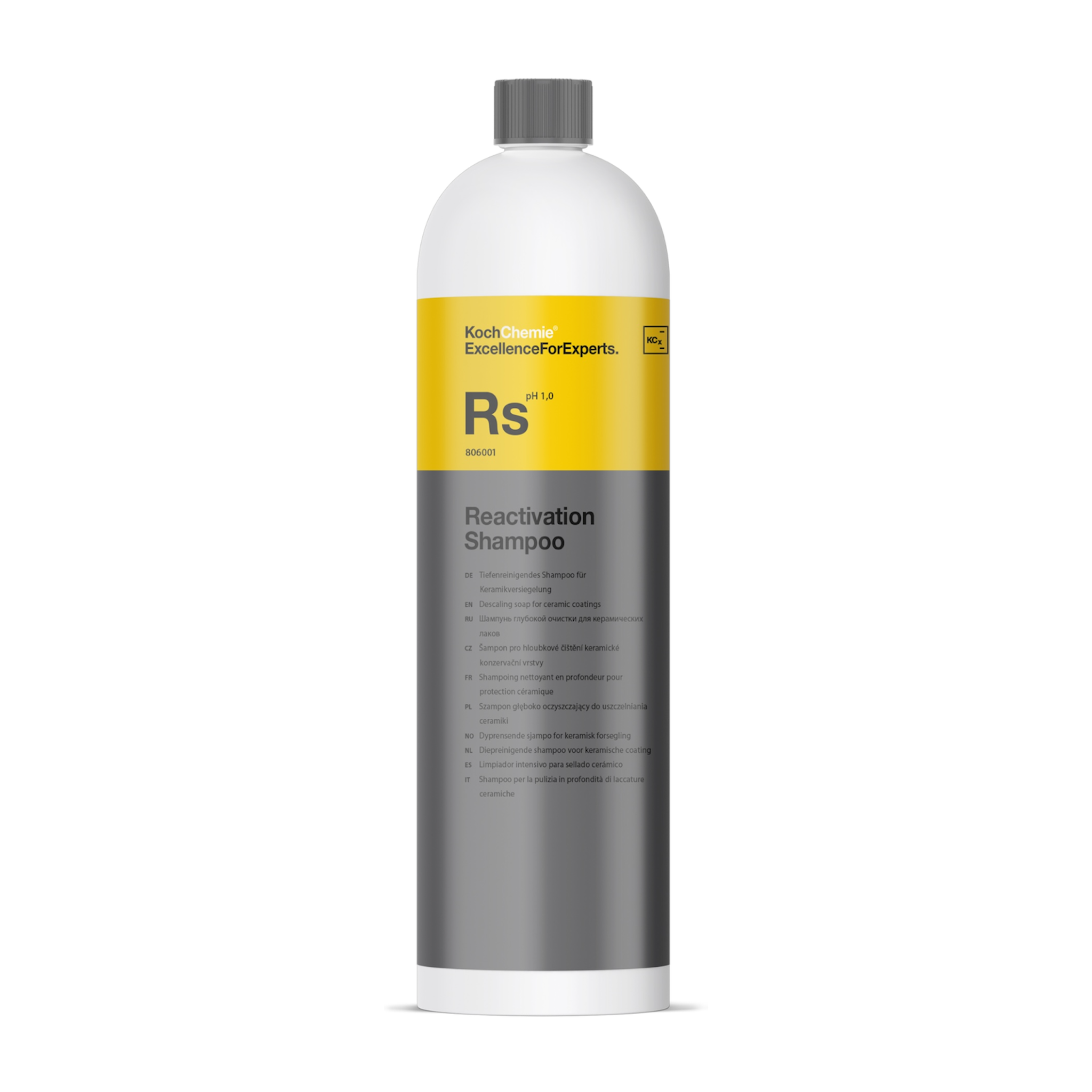 1L Flasche des Koch-Chemie Reactivation Shampoos, ideal zur Tiefenreinigung und Reaktivierung von keramikversiegelten Oberflächen.