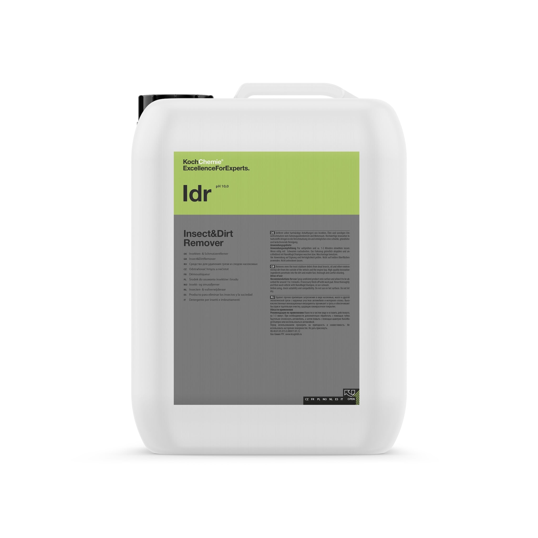 10kg Kanister des Koch-Chemie Insect&Dirt Remover, ideal zur Entfernung von Insektenresten und Schmutz auf Fahrzeugaußenflächen und im Motorraum.