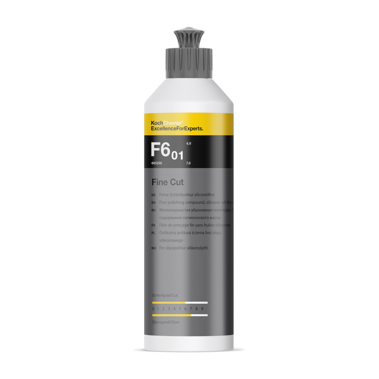 0.25L Flasche der silikonölfreien Koch-Chemie Fine Cut F6.01 Schleifpolitur, ideal zur Entfernung von Waschstraßenkratzern und zur Erzielung eines dauerhaften Tiefenglanzes.