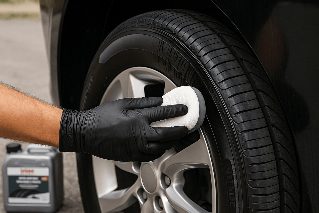 Nahaufnahme eines Fahrzeugaufbereiters mit schwarzem Handschuh, der mit einem weißen Applikatorpad Reifenpflege auf die Seitenwand eines schwarzen Autoreifens aufträgt, während im Hintergrund unscharf ein Kanister Sonax Rubber Restorer zu sehen ist.