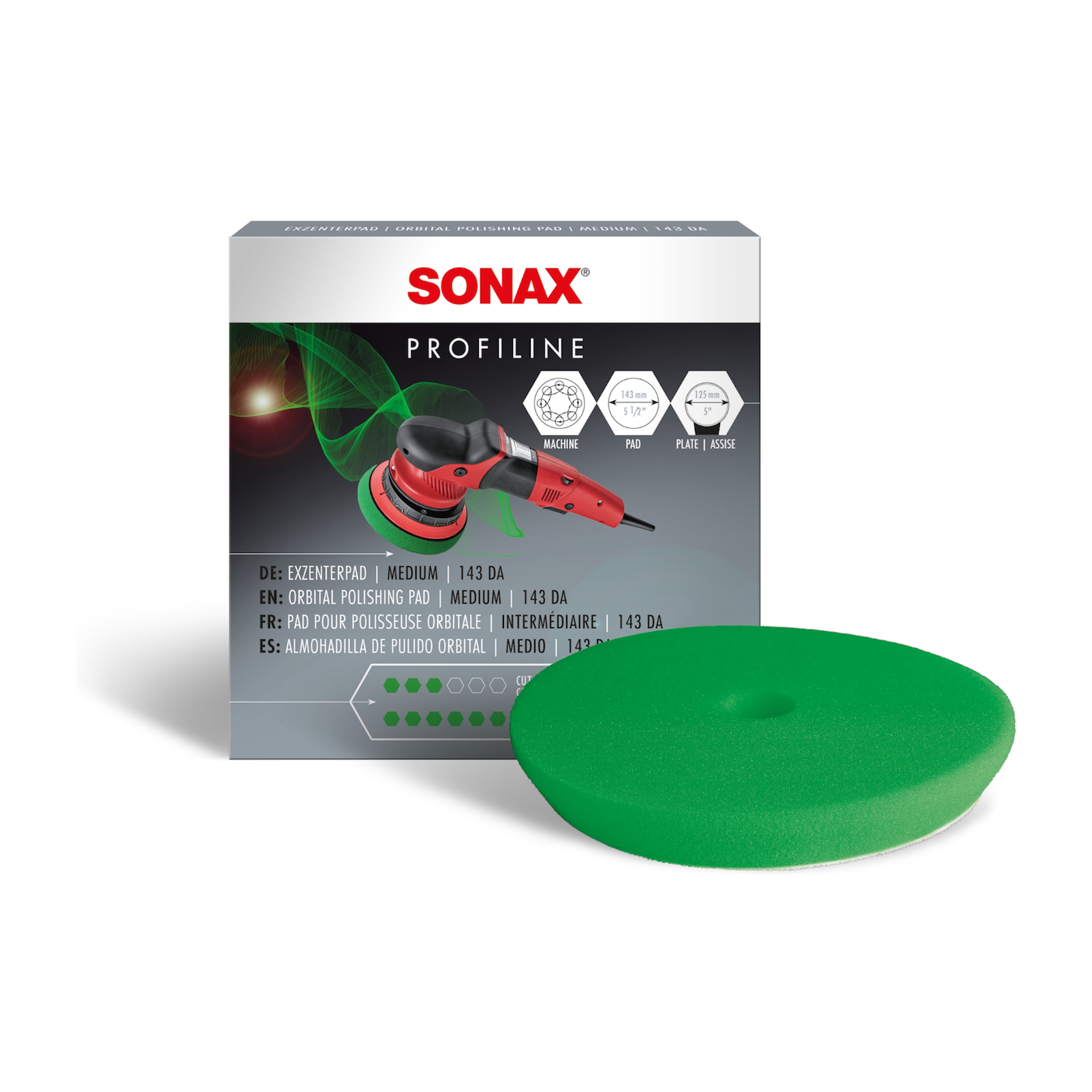 SONAX ExzenterPad Medium 143mm, ideal für die Entfernung von leichten Kratzern und Hologrammen auf Lackoberflächen.
