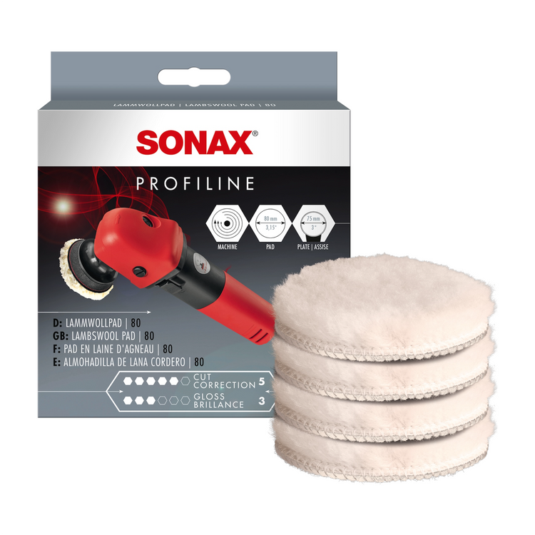 SONAX LammwollPad 80mm, ideal für die schonende Entfernung von Polierspuren und Hologrammen auf Lackoberflächen.