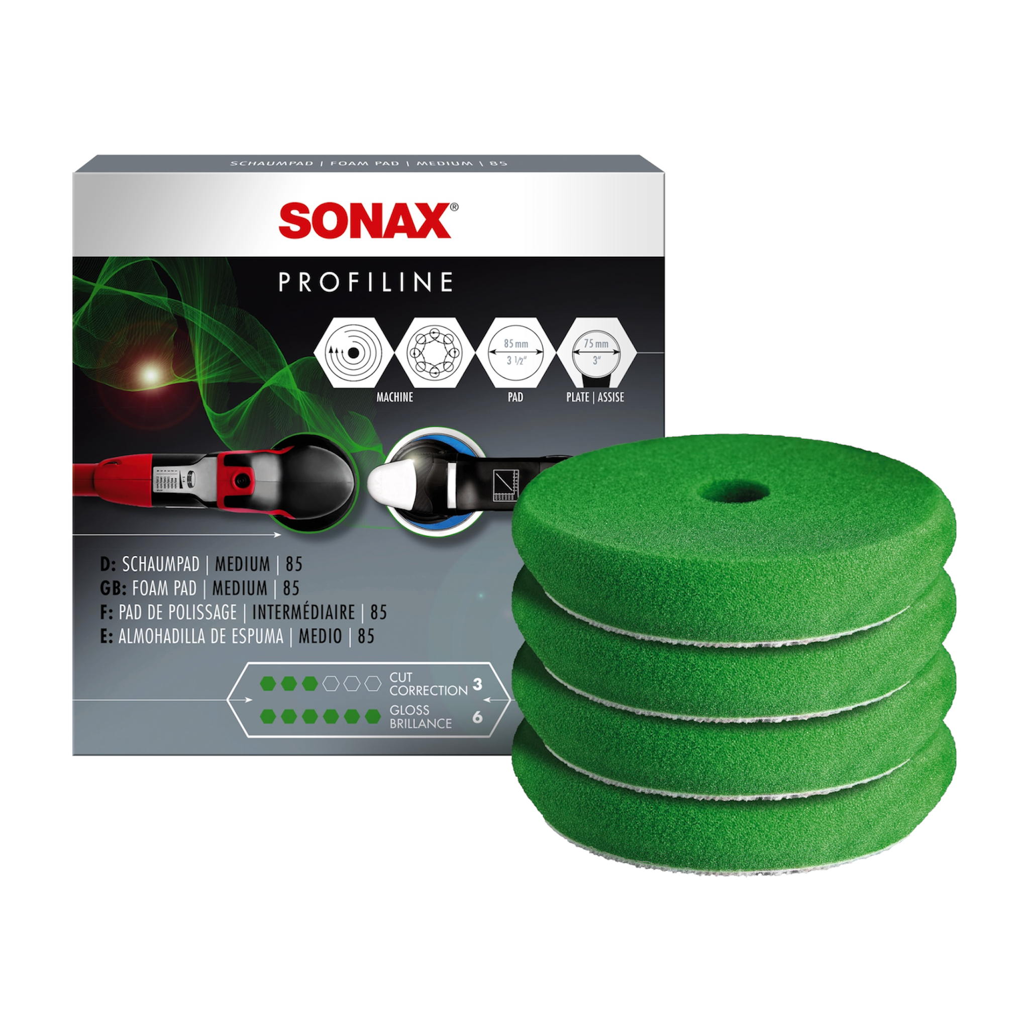 SONAX SchaumPad medium 85 – 4er-Pack Polierschwämme mit Ø 85 mm für maschinelles Lackpolieren. Mittelhart, kühlend, mit Klettverschluss.