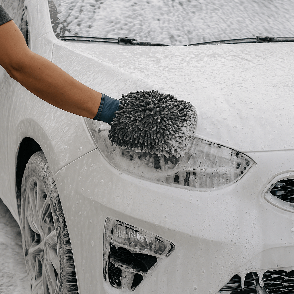 Eingeschäumtes weißes Auto während der Handwäsche mit Waschhandschuh – gründliche Reinigung mit reichhaltigem Snow Foam für schonende Fahrzeugpflege.