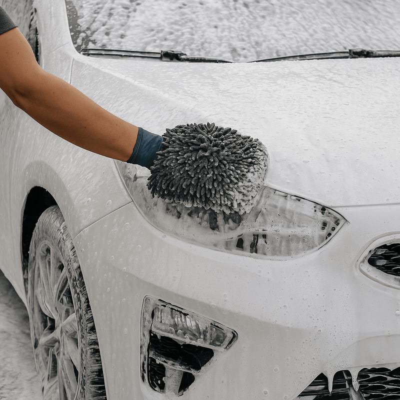 Eingeschäumtes weißes Auto während der Handwäsche mit Waschhandschuh – gründliche Reinigung mit reichhaltigem Snow Foam für schonende Fahrzeugpflege.