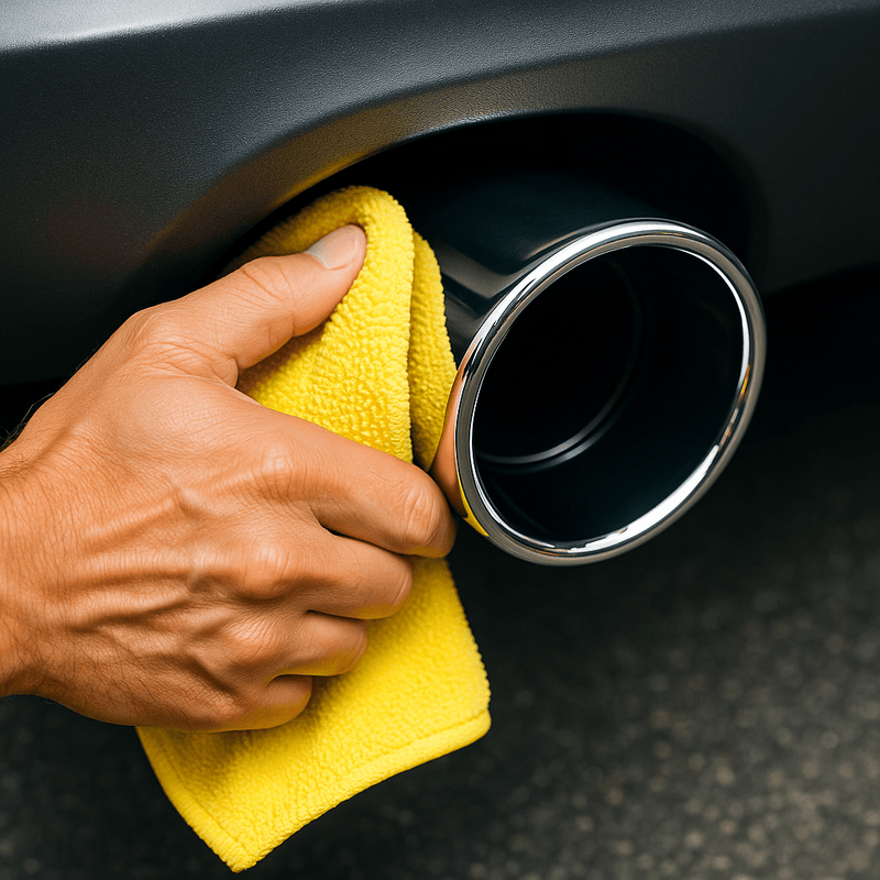 Nahaufnahme einer Hand, die mit einem gelben Mikrofasertuch einen Metallauspuff auf Hochglanz poliert.