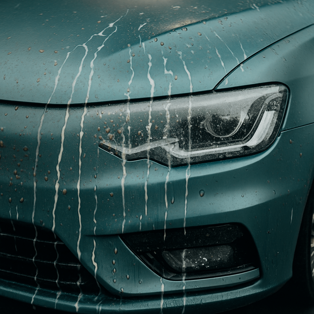 Frontansicht eines Autos mit eingesprühtem Reinigungsmittel auf dem Lack – der Straßen­schmutz läuft in Streifen über die matte Oberfläche