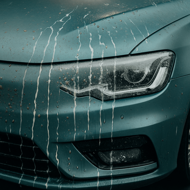 Frontansicht eines Autos mit eingesprühtem Reinigungsmittel auf dem Lack – der Straßen­schmutz läuft in Streifen über die matte Oberfläche