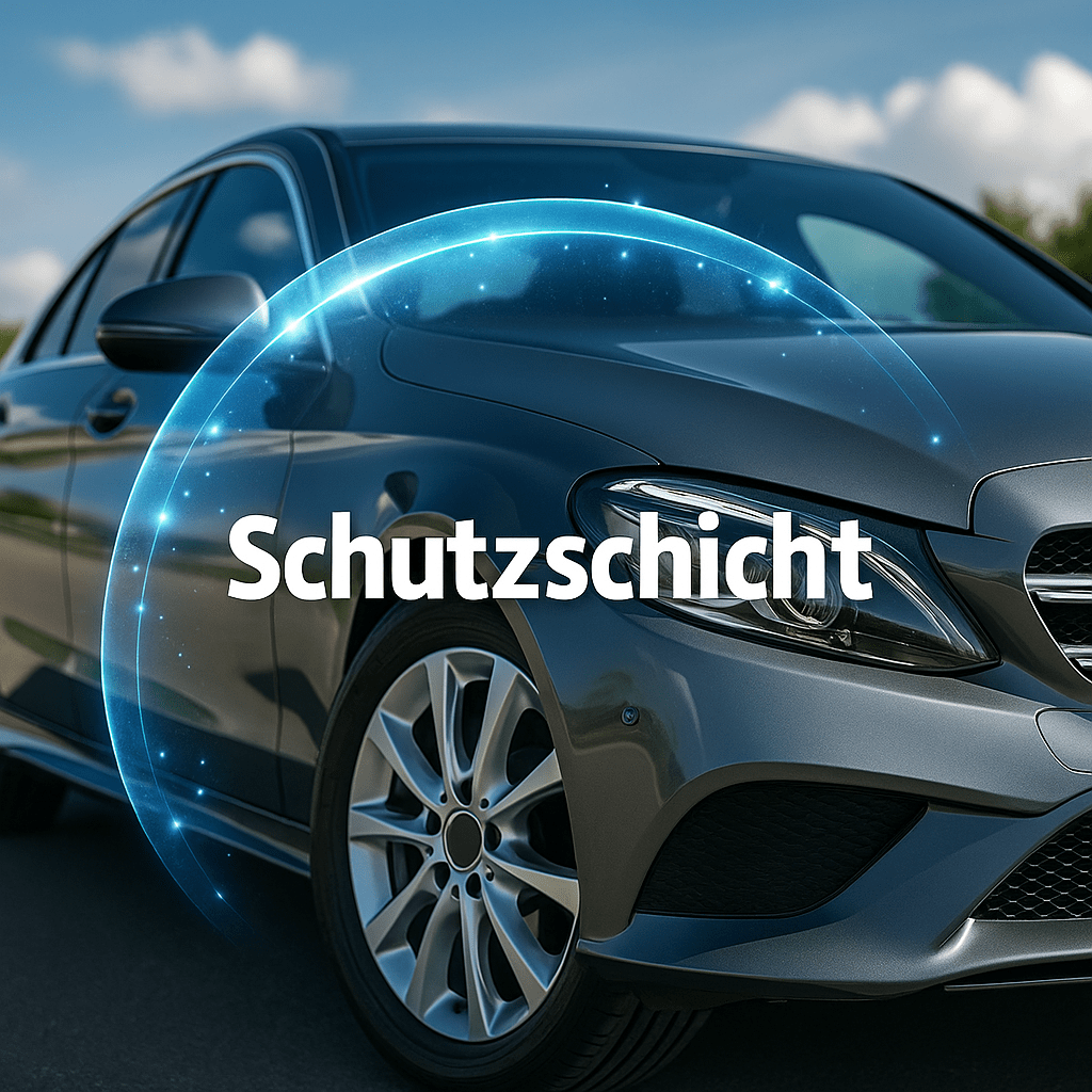 Ein silbernes Auto mit grafisch dargestellter Schutzschicht über dem Lack