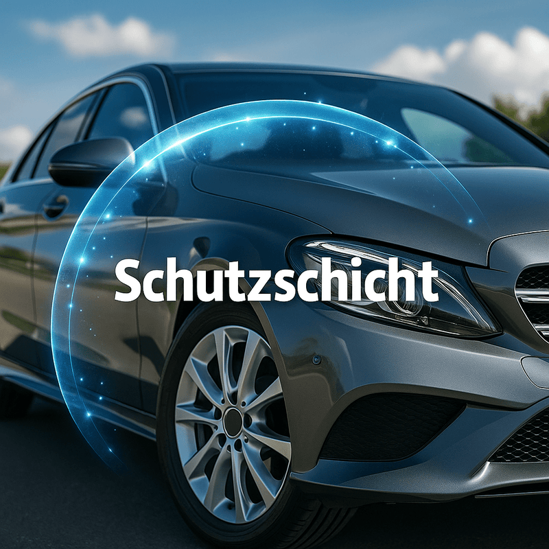 Ein silbernes Auto mit grafisch dargestellter Schutzschicht über dem Lack