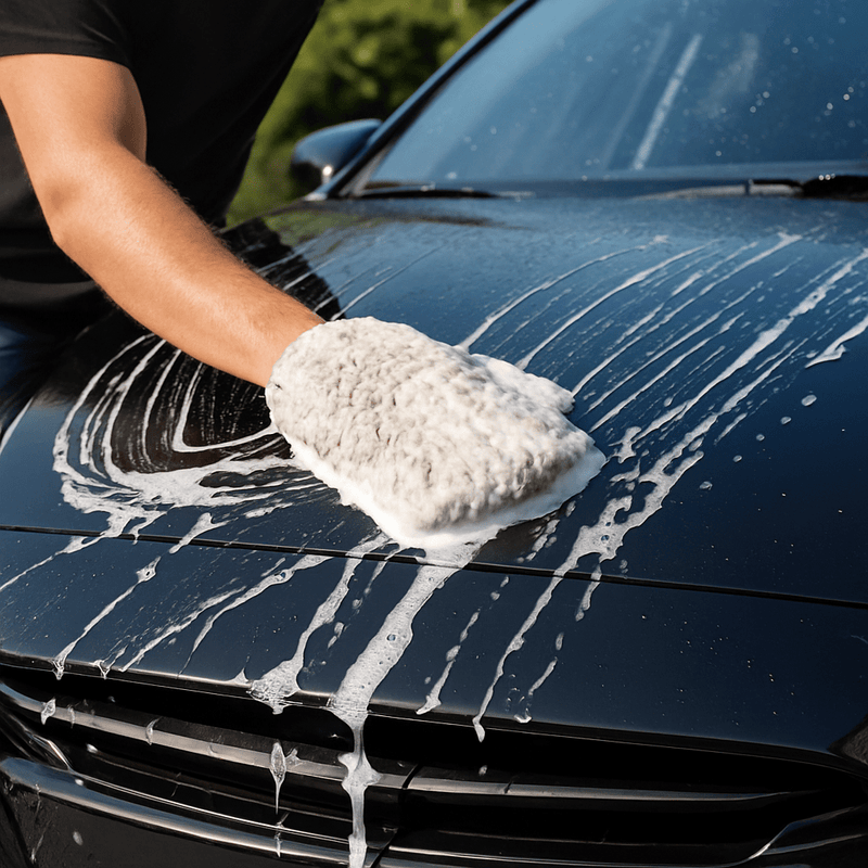 Person wäscht ein Auto per Hand mit Schwamm und Schaum – gründliche manuelle Fahrzeugpflege für Lack und Oberflächen