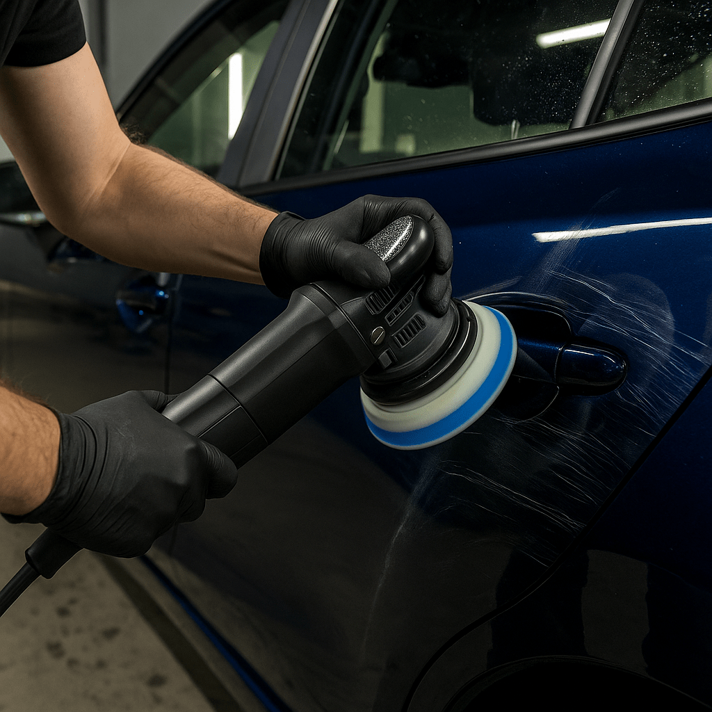 Nahaufnahme eines schwarzen Autos, das mit einer Poliermaschine von Hand poliert wird – tiefe Kratzer werden aus dem Lack entfernt.