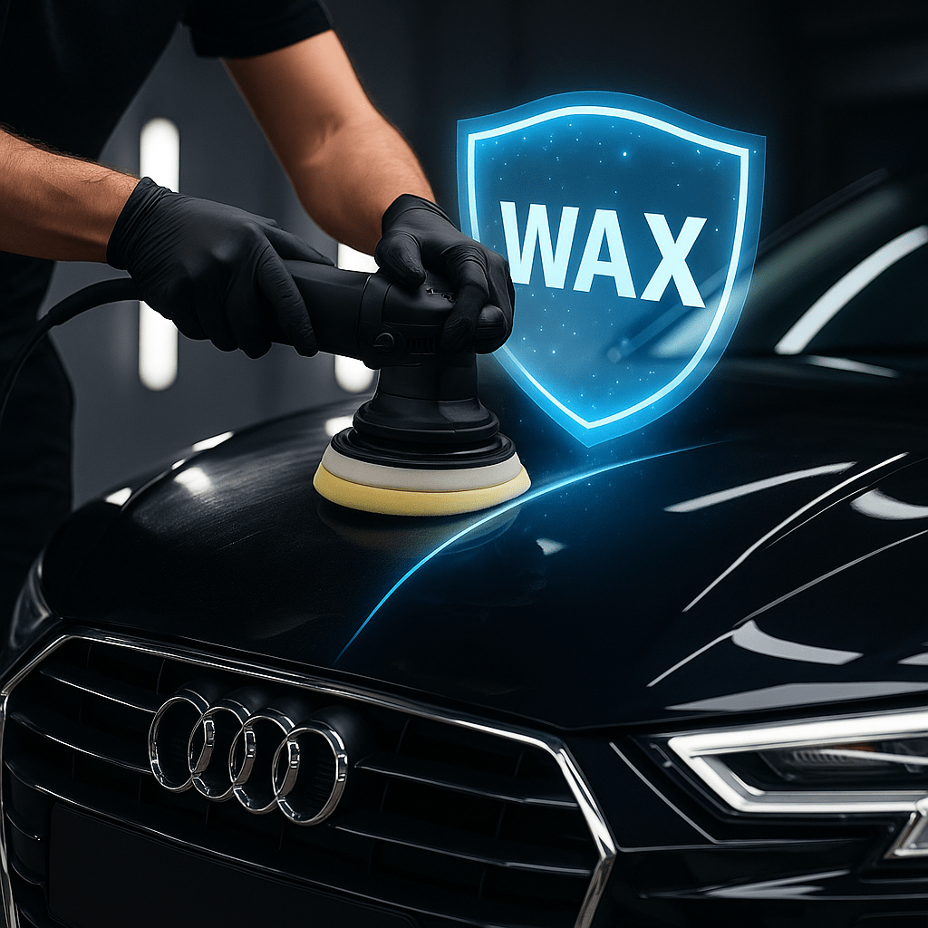 Ein Auto wird mit einer Poliermaschine behandelt, während ein leuchtendes digitales 