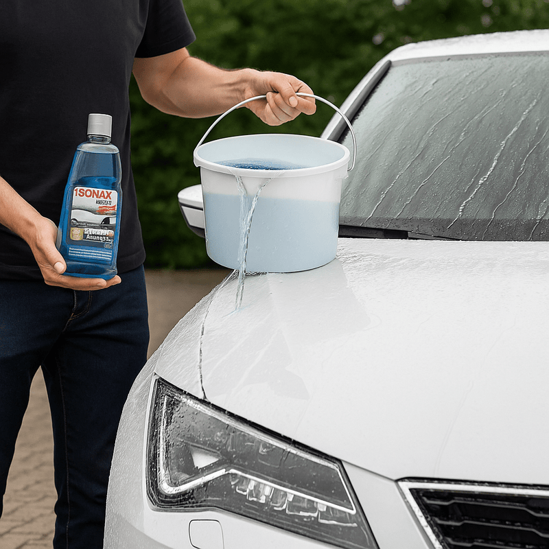 Fahrzeug wird mit SONAX XTREME Shampoo-Lösung übergossen – Wasser perlt sichtbar von der Lackoberfläche ab für streifenfreie Trocknung