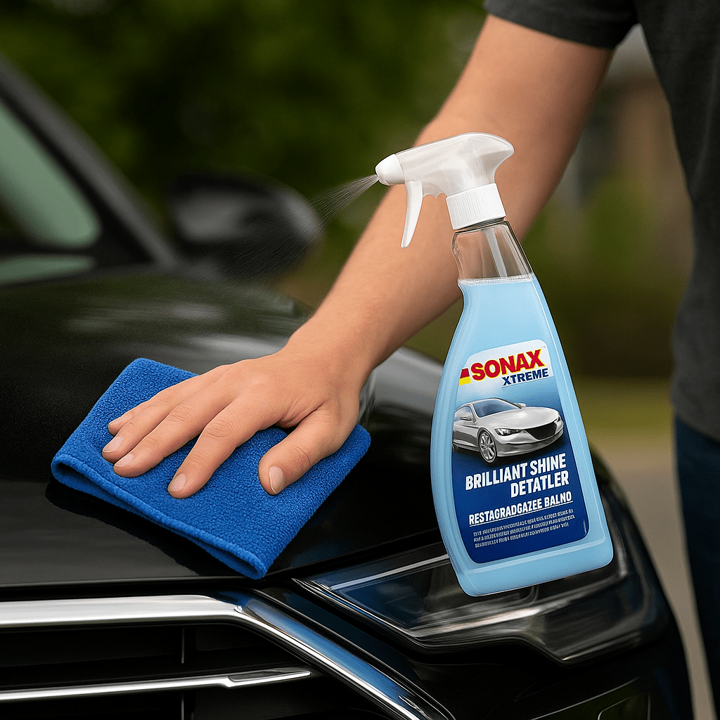 „Autopflegeprodukt SONAX Brilliant Shine Detailer auf Motorhaube stehend, sorgt für strahlenden Glanz“







