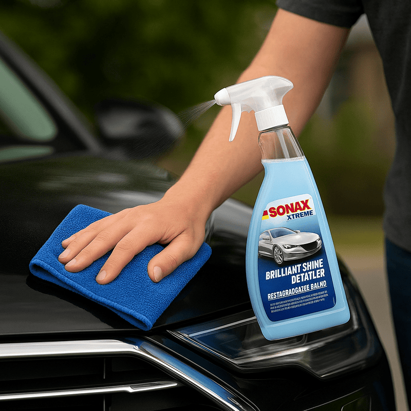 „Autopflegeprodukt SONAX Brilliant Shine Detailer auf Motorhaube stehend, sorgt für strahlenden Glanz“







