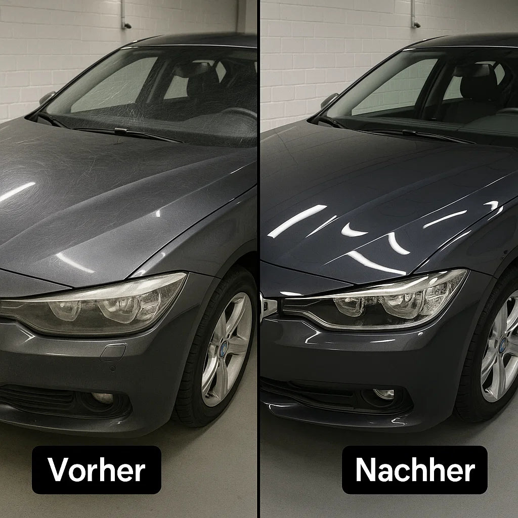 Vorher-Nachher Vergleich eines grauen Autos: links matter, verkratzter Lack, rechts glänzender, polierter Lack nach Anwendung von Sonax FS 05-04.