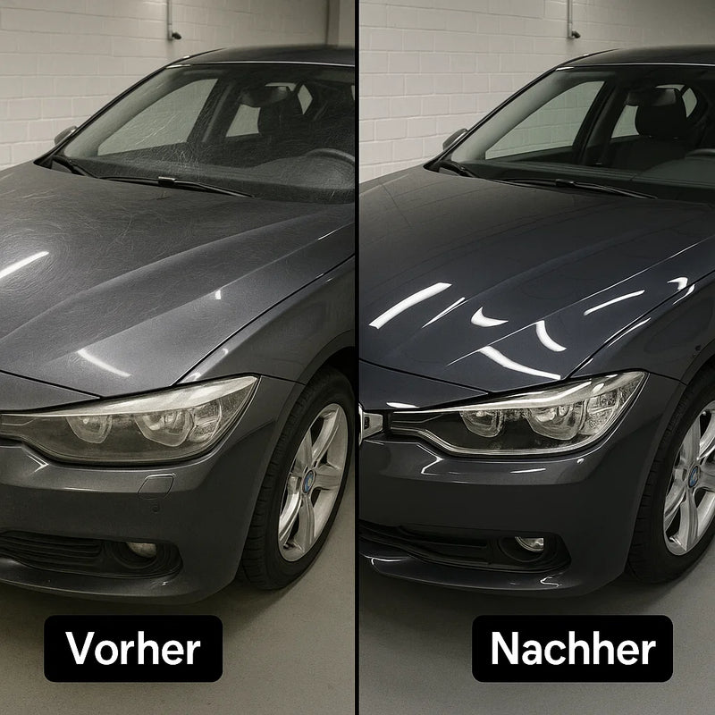 Vorher-Nachher Vergleich eines grauen Autos: links matter, verkratzter Lack, rechts glänzender, polierter Lack nach Anwendung von Sonax FS 05-04.
