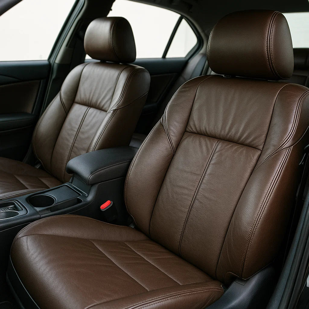 Detailaufnahme des Innenraums mit braunen Ledersitzen eines Fahrzeugs – gepflegte Vorder­sitze und Mittelkonsole