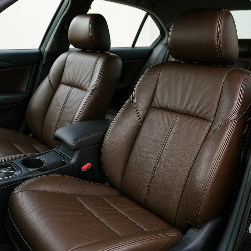 Detailaufnahme des Innenraums mit braunen Ledersitzen eines Fahrzeugs – gepflegte Vorder­sitze und Mittelkonsole