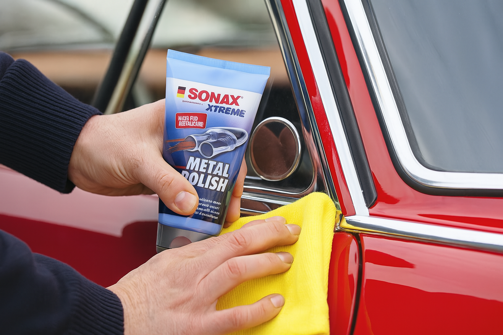 Nahaufnahme einer Person, die mit einem gelben Mikrofasertuch und SONAX XTREME Metal Polish die Chromleisten eines roten Oldtimers per Hand auf Hochglanz poliert.