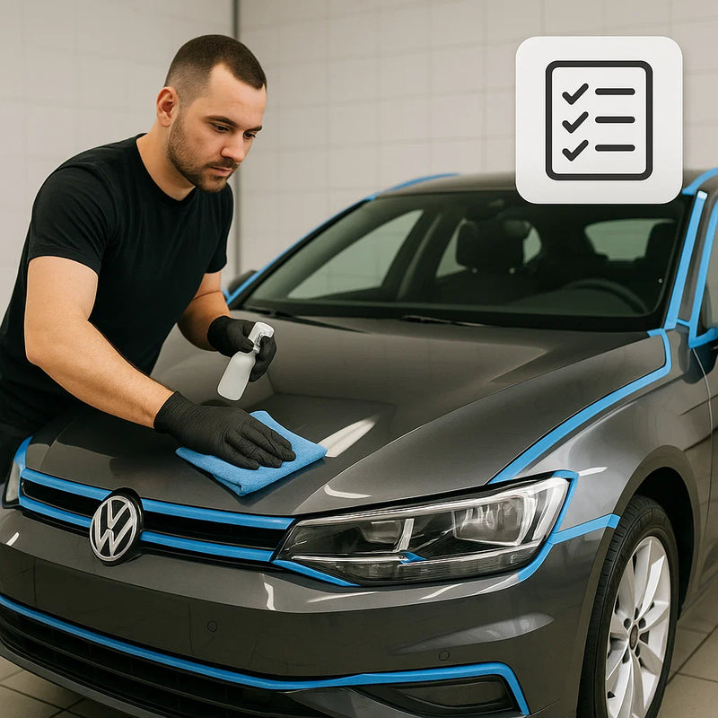 Fahrzeugaufbereiter entfettet die Motorhaube eines Fahrzeugs mit Mikrofasertuch und Sprühflasche – alle empfindlichen Bereiche sind abgeklebt, oben rechts ist ein Checklisten-Symbol eingeblendet