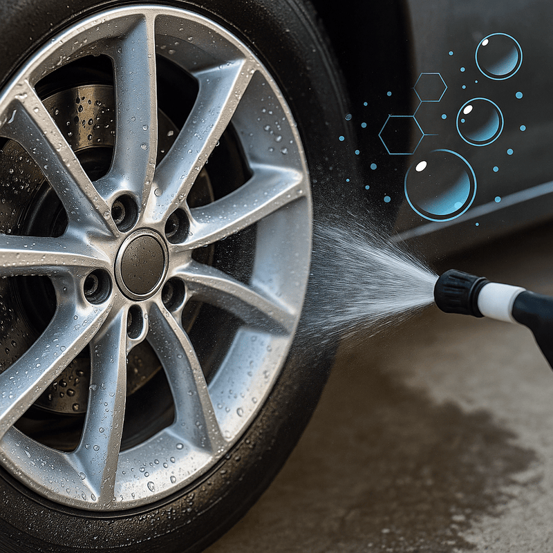 Reale Aufnahme einer silbernen Alufelge während der Reinigung mit einem Wasserstrahl. Sichtbare Wasserperlen und digitale Icons betonen den Abperleffekt durch eine Versiegelung. Ideal zur Veranschaulichung von Felgenpflege und hydrophober Schutzwirkung.