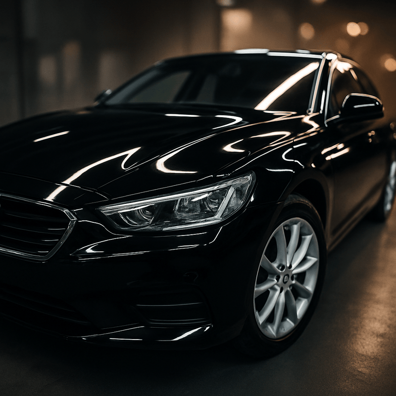 Frisch poliertes schwarzes Auto mit starkem Glanz in einer Werkstatt, reflektierende Lichtstreifen und unscharfer Hintergrund für edlen Showroom-Effekt.