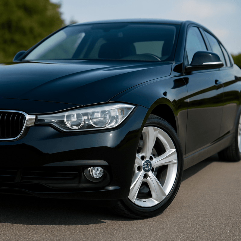 Schwarze Limousine mit hochglänzendem Lack im Sonnenschein, Vorderansicht auf Straße.