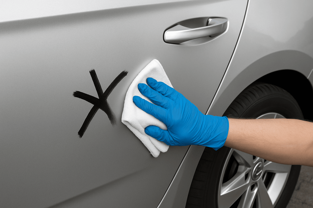 Eine Hand mit blauem Handschuh wischt schwarze Graffiti-Farbe mit einem weißen Mikrofasertuch von der hinteren Tür eines silbernen Autos.