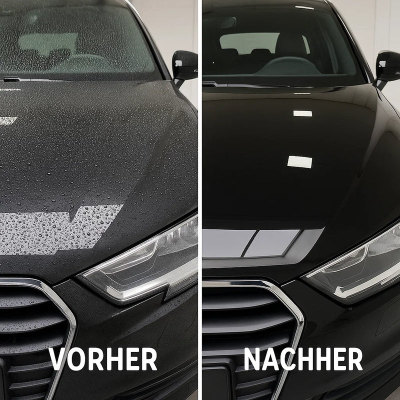 Vergleich eines schwarzen Autos nach der Keramikversiegelung: links mit Wasserflecken und Tropfen (Vorher), rechts glänzend und geschützt (Nachher).